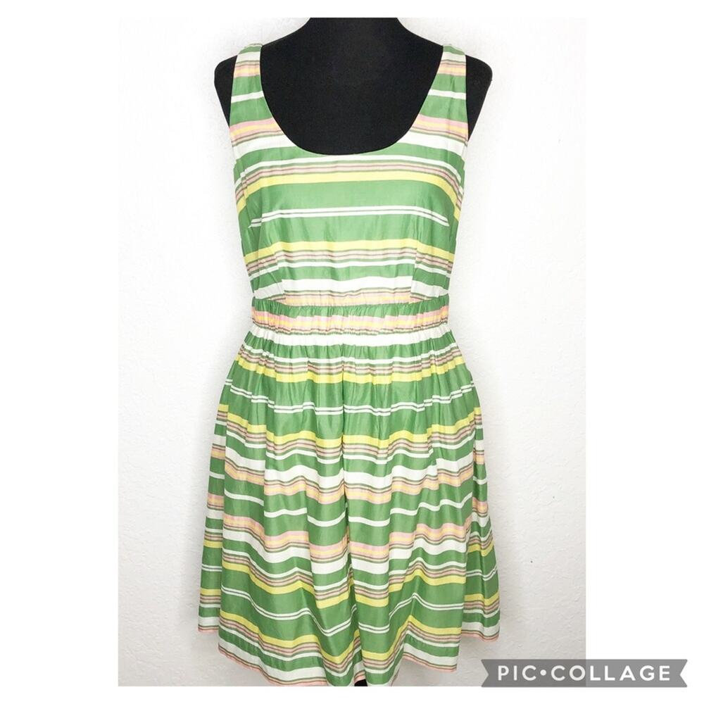 Boden green white yellow pink striped sleeveless‎ fit flare dress size 8R